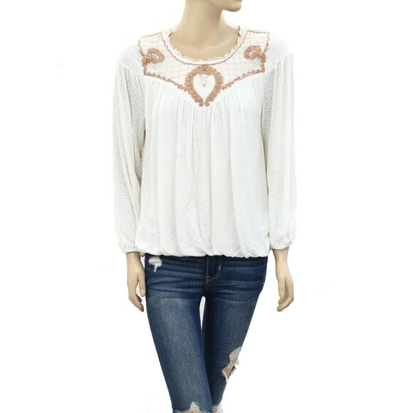 Free People Begonia Tee Embroidered Blouse Top Peasant Flowy Textured XS 220430 - Picture 5 of 9